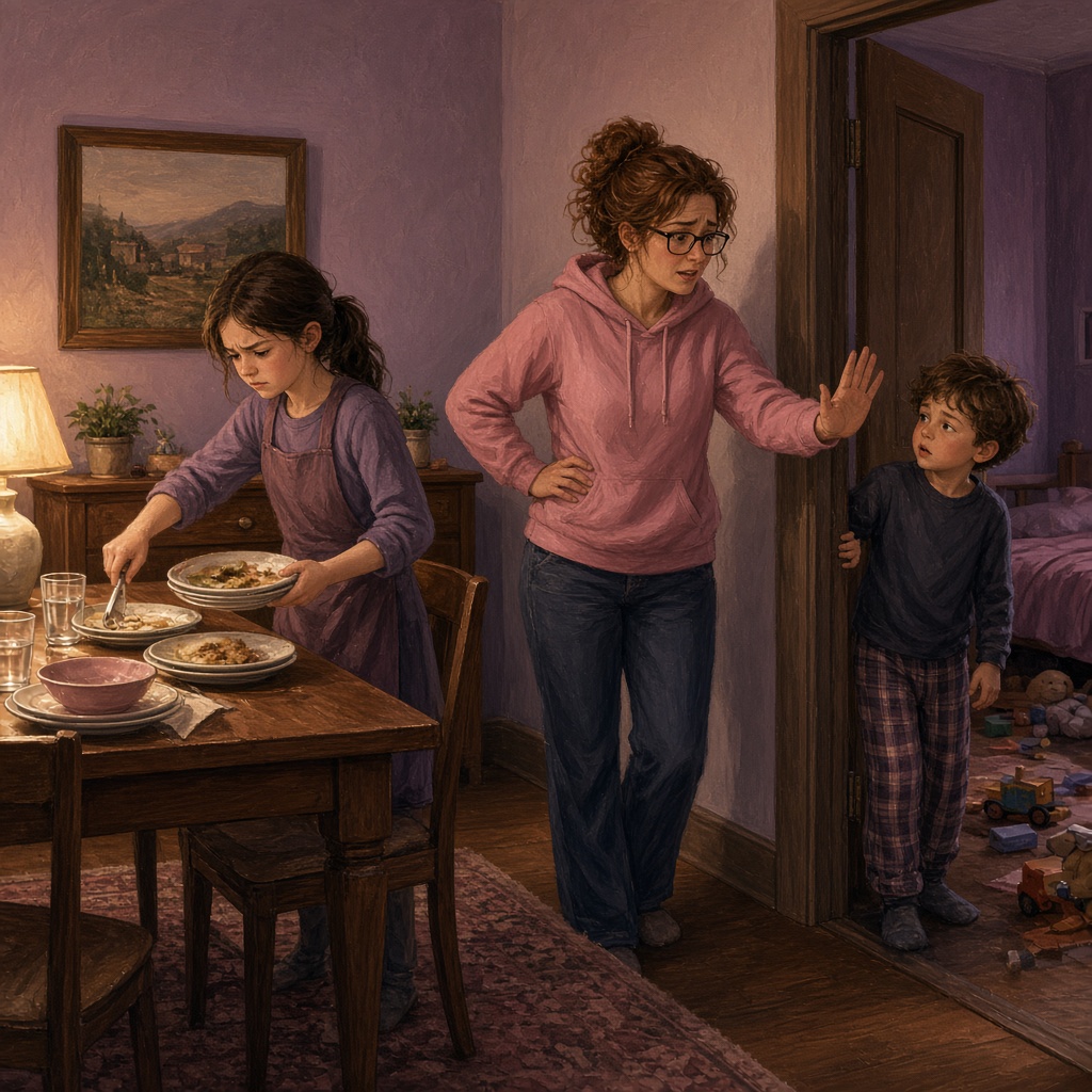 Illustration: Die Schwester soll aufräumen, der Bruder spielt weiter